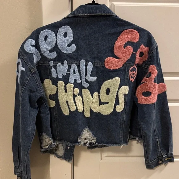 Handmade Embroidered Denim Jacket - Blue with Pastel Puff Text - Picture 1 of 7